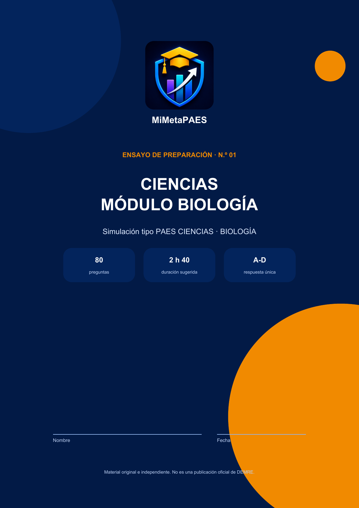 Portada de Ensayo PAES Ciencias N.º 1 — Módulo Biología