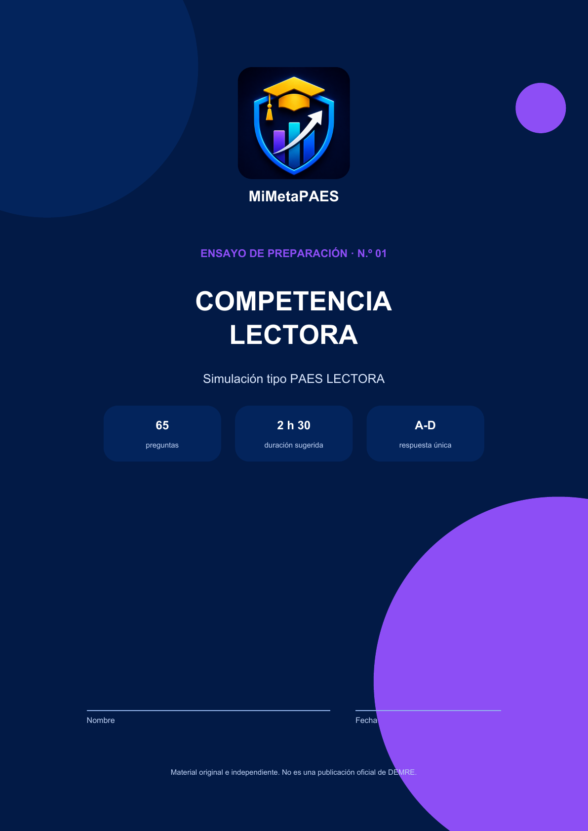 Portada de Ensayo PAES Competencia Lectora N.º 1