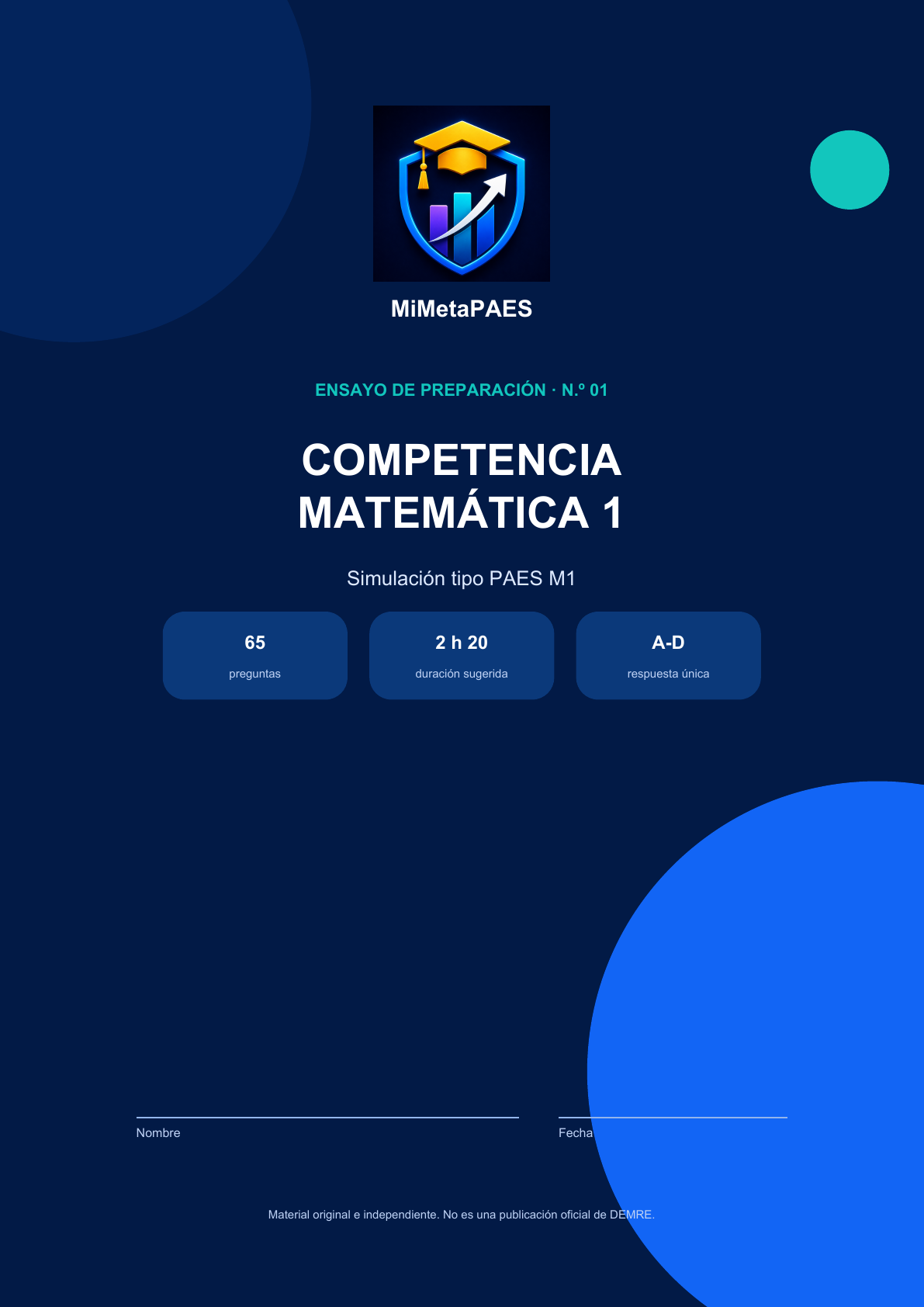 Portada de Ensayo PAES Matemática M1 N.º 01 | 65 preguntas con soluciones