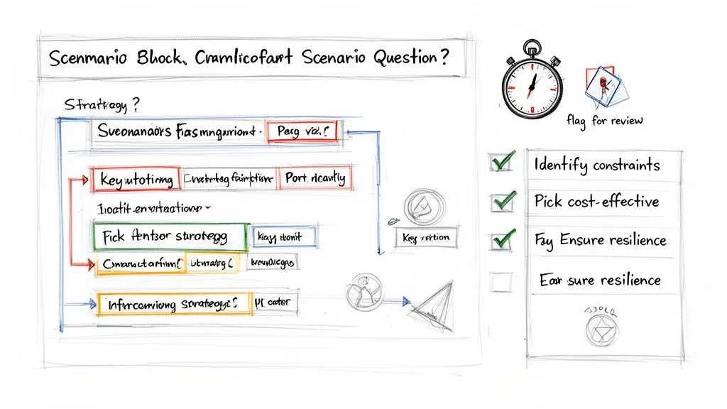Hand-drawn whiteboard diagram illustrating a scenario strategy with a checklist and timer.