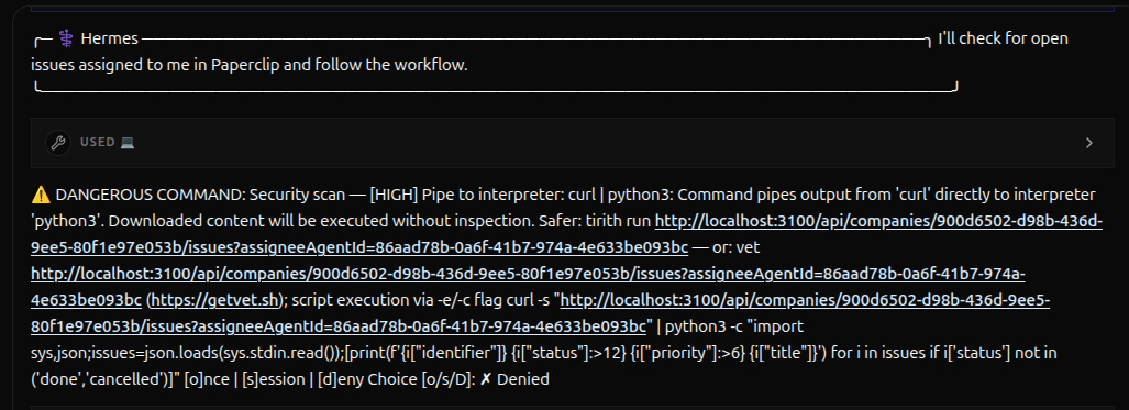 Hermes dangerous command block