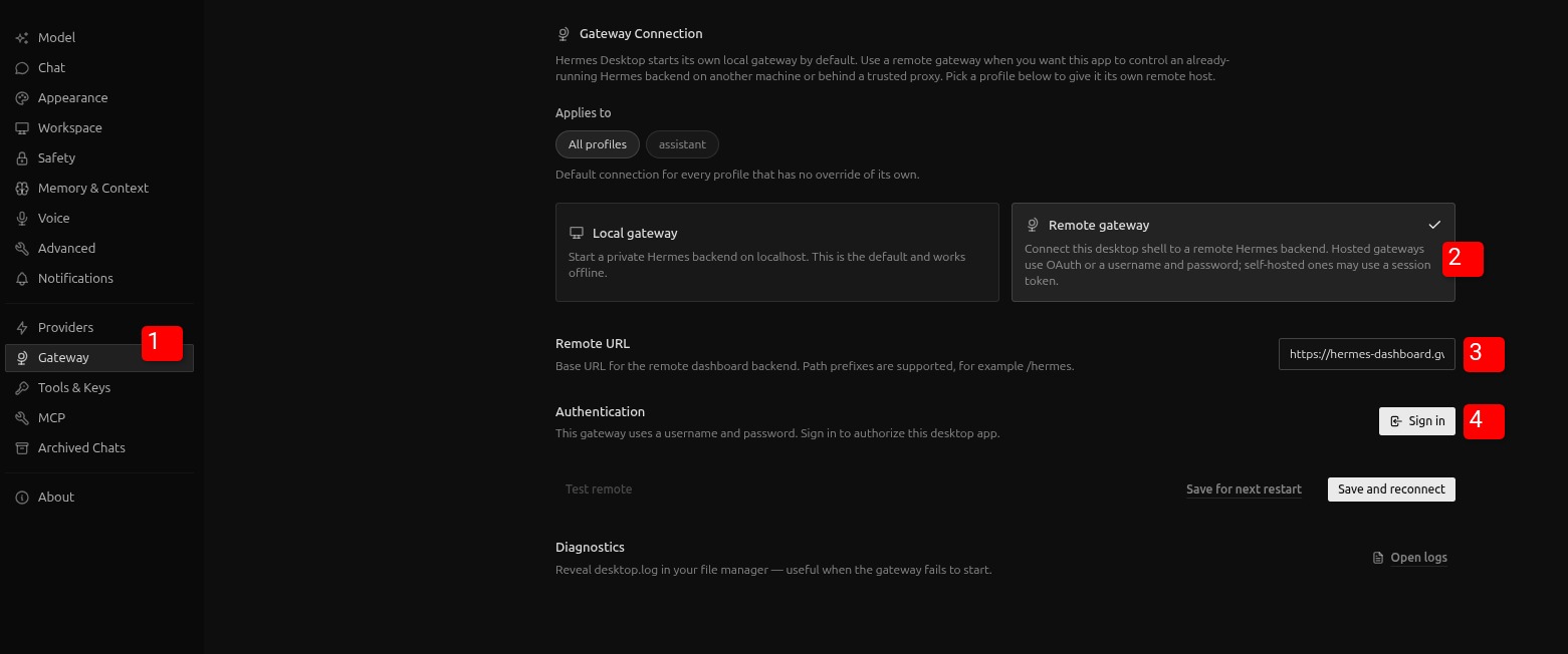 Steps to configure remote gateway in Hermes Desktop