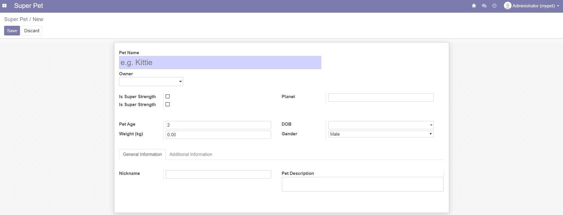 odoo tutorial super pet form