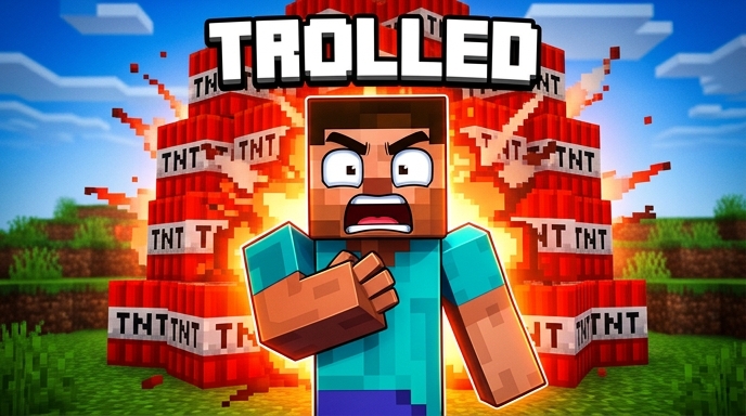 thumbnail about me trolling my friend in minecraft with a lot of tnt and it says