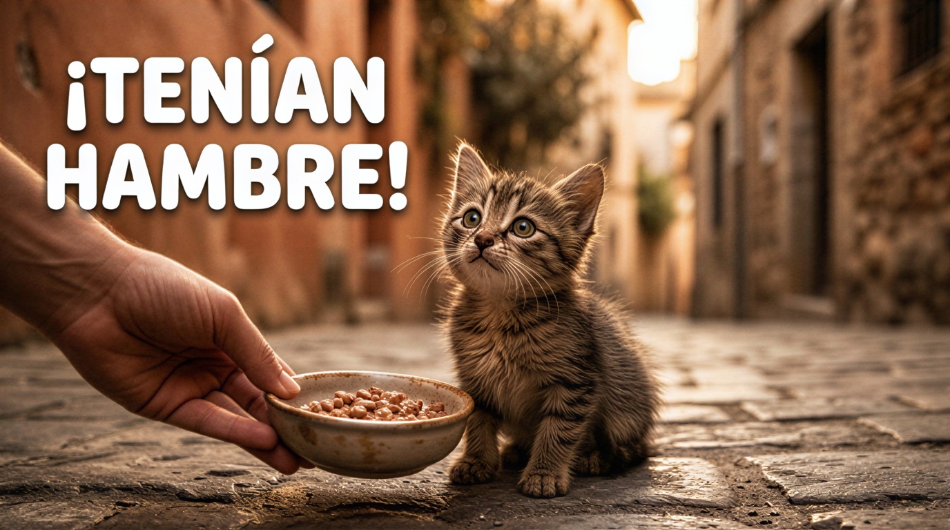 Dando de comer a gatos callejeros