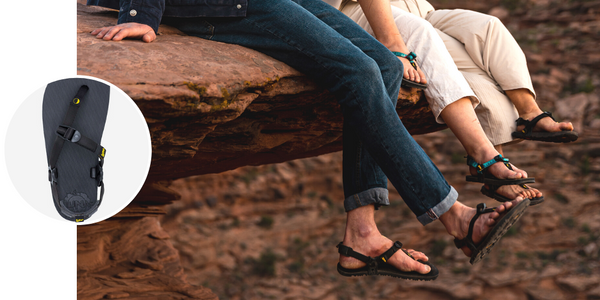 Man ad woman wearing Luna barefoot shoes