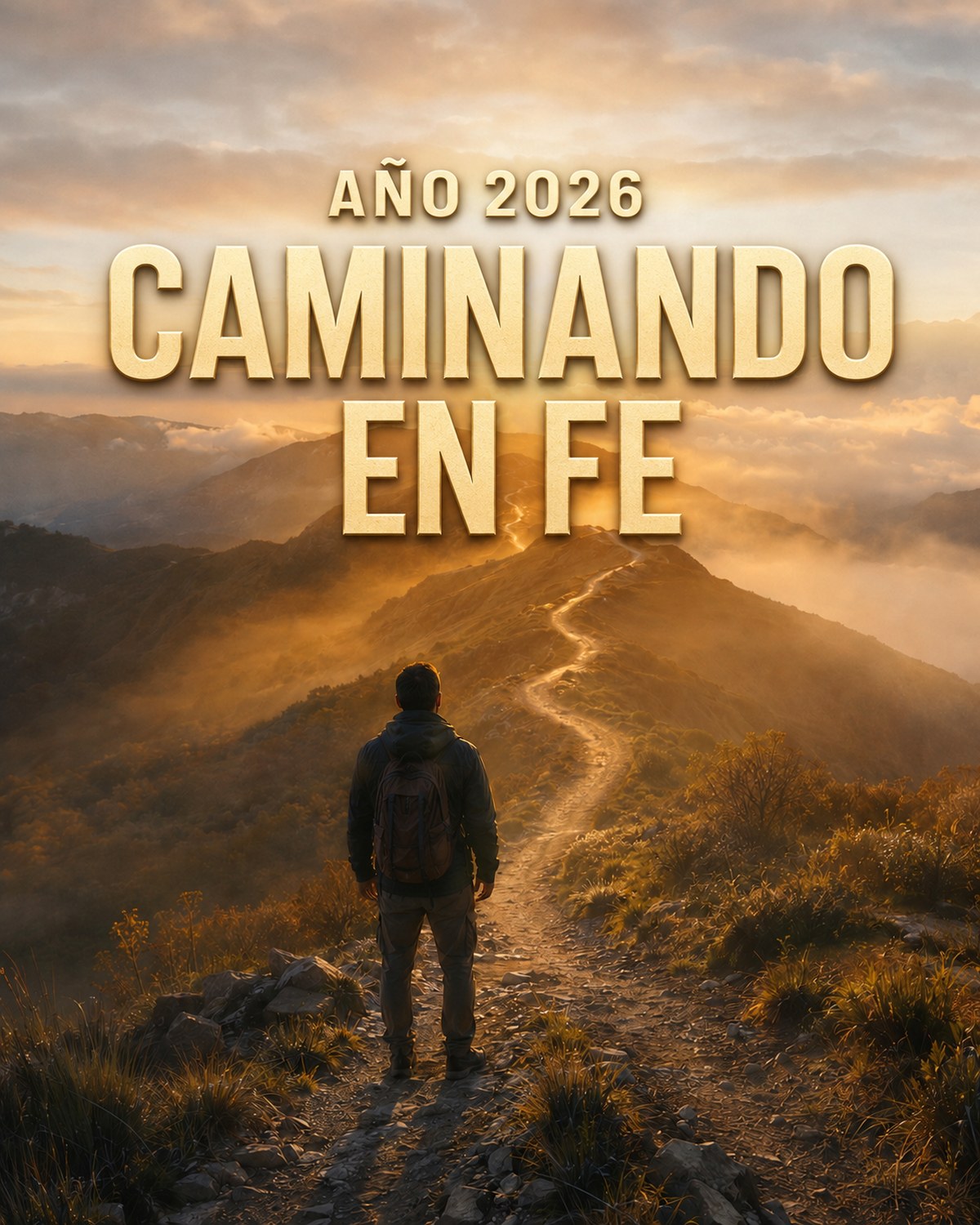Año 2026: Caminando en fe. Un hombre con mochila sube por un sendero de montaña hacia el amanecer.