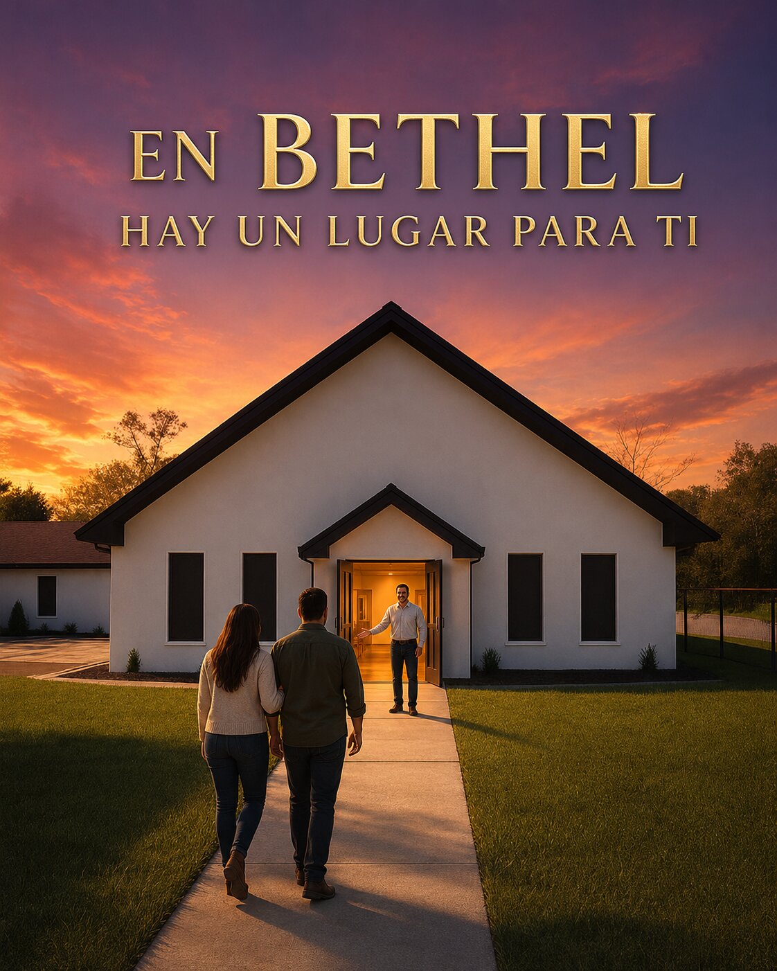 En Bethel hay un lugar para ti. Una pareja camina hacia el templo al atardecer, donde alguien los recibe en la puerta.