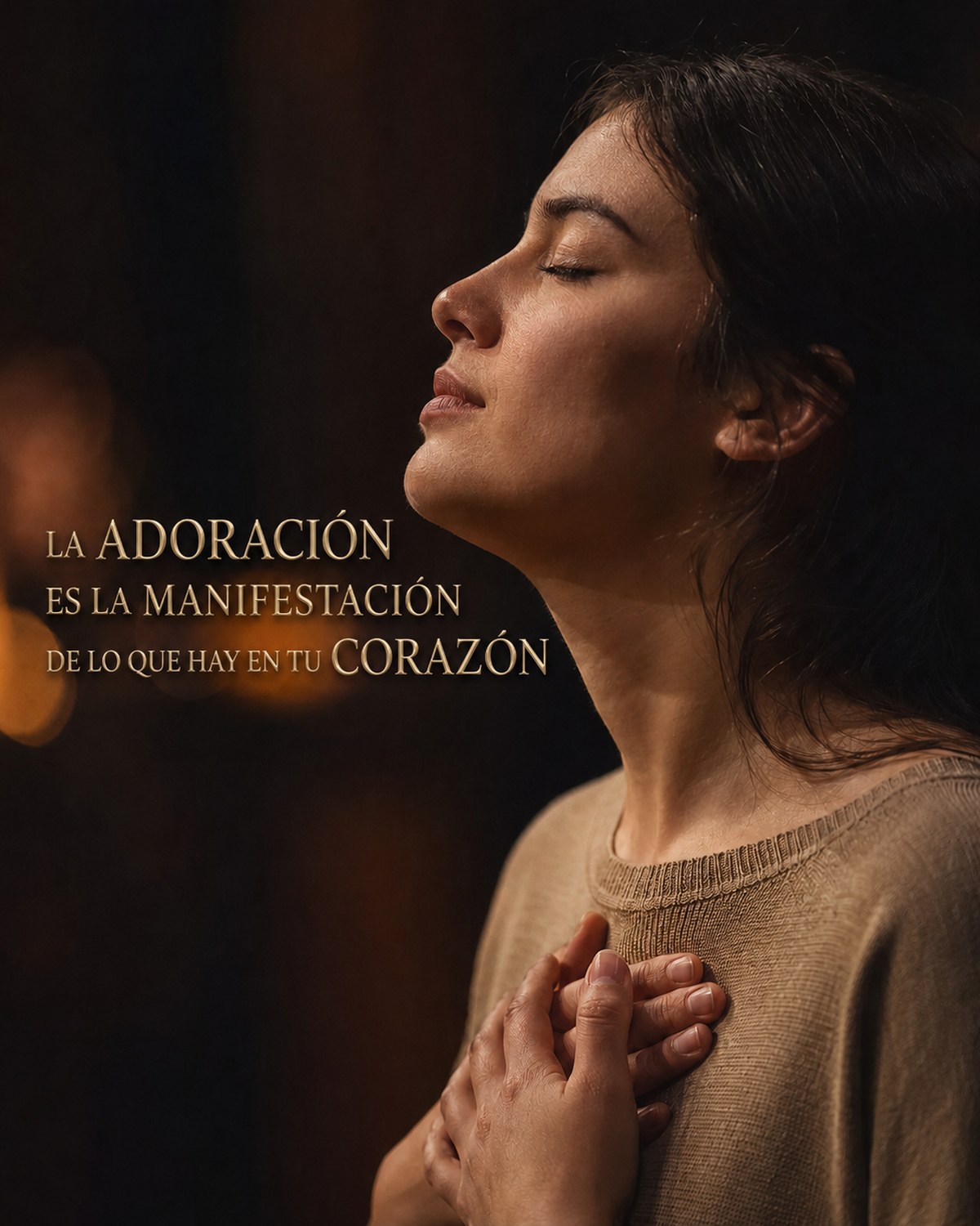 La adoración es la manifestación de lo que hay en tu corazón. Una mujer ora con los ojos cerrados y las manos sobre el pecho.