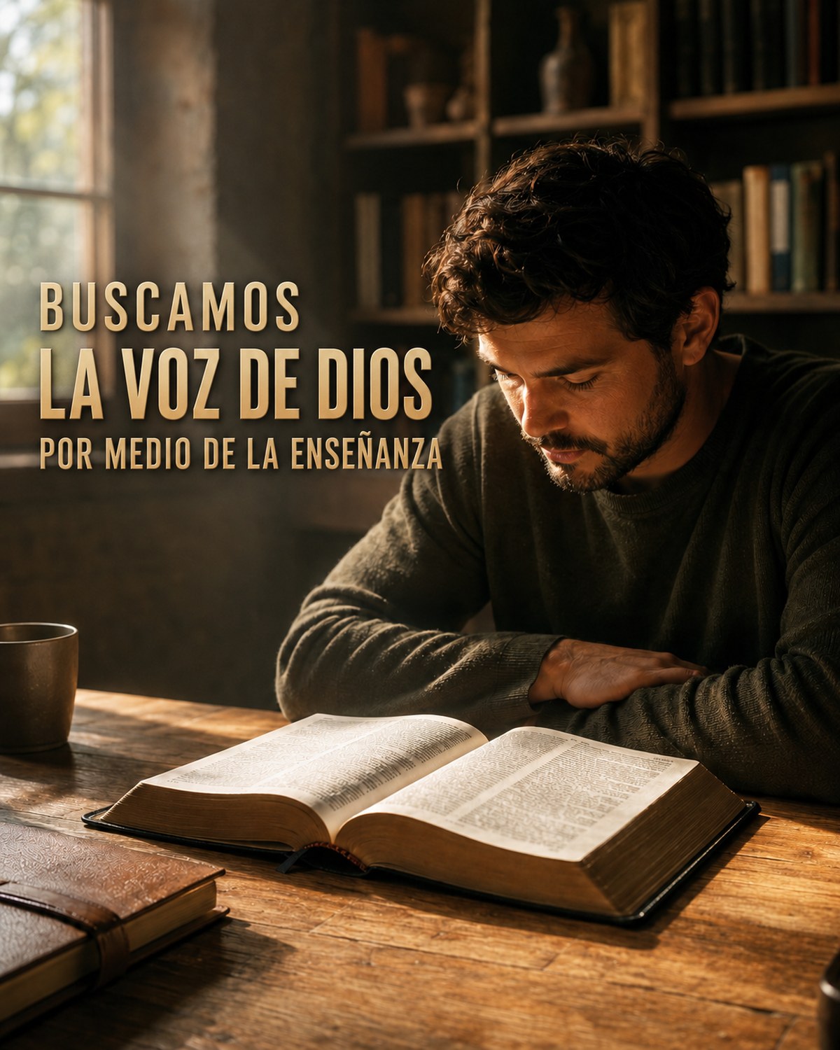 Buscamos la voz de Dios por medio de la enseñanza. Un hombre lee una Biblia abierta sobre una mesa de madera.