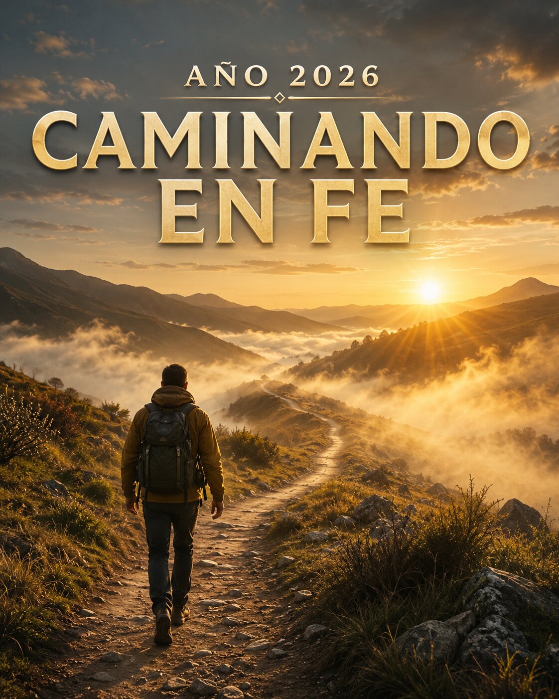 Año 2026: Caminando en fe. Un hombre con mochila recorre un sendero de montaña hacia el sol que sale entre la niebla.