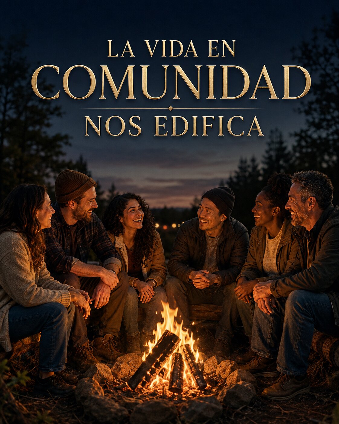 La vida en comunidad nos edifica. Un grupo de personas conversa sentado alrededor de una fogata al anochecer.