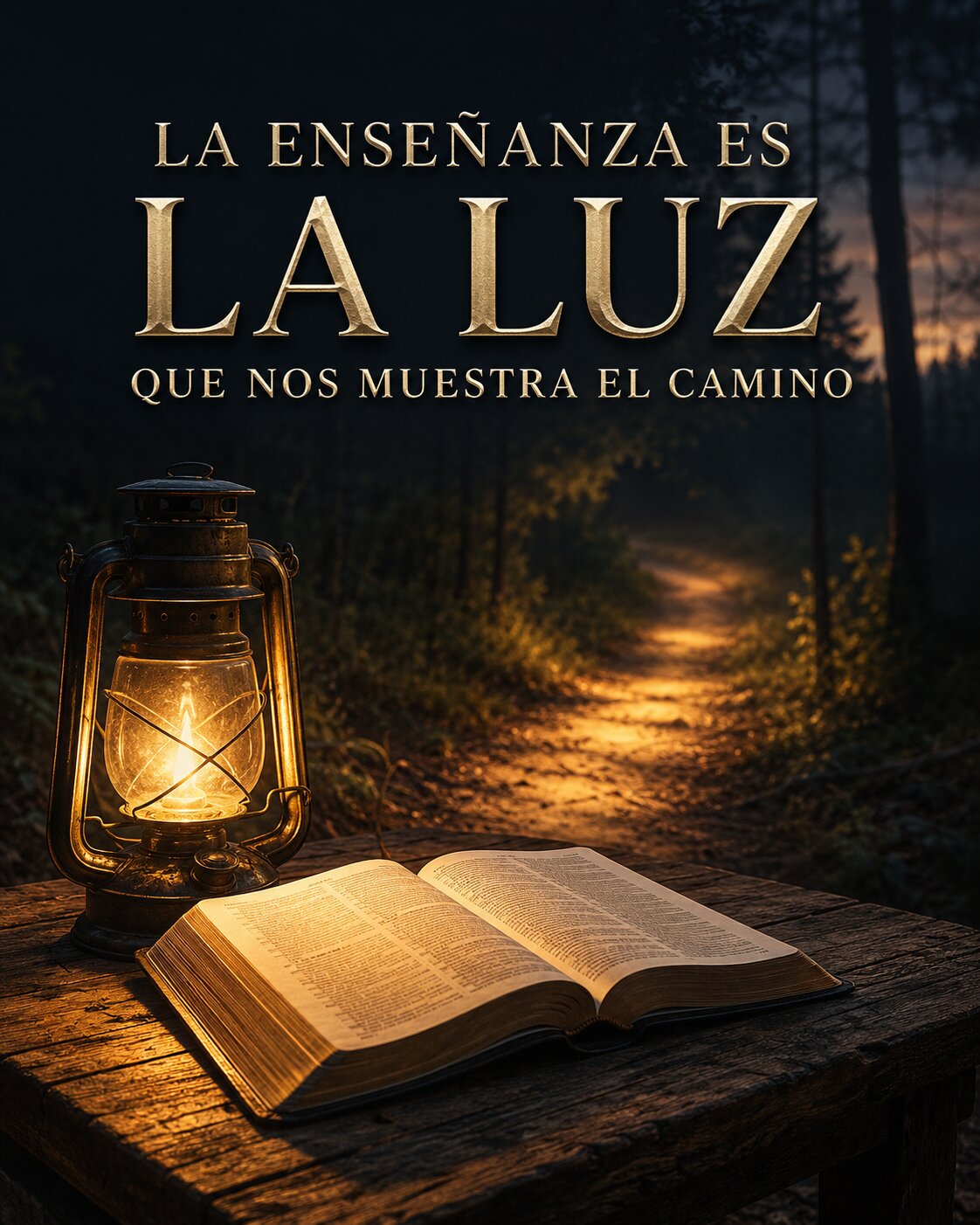 La enseñanza es la luz que nos muestra el camino. Una Biblia abierta junto a un farol encendido que ilumina un sendero en el bosque.