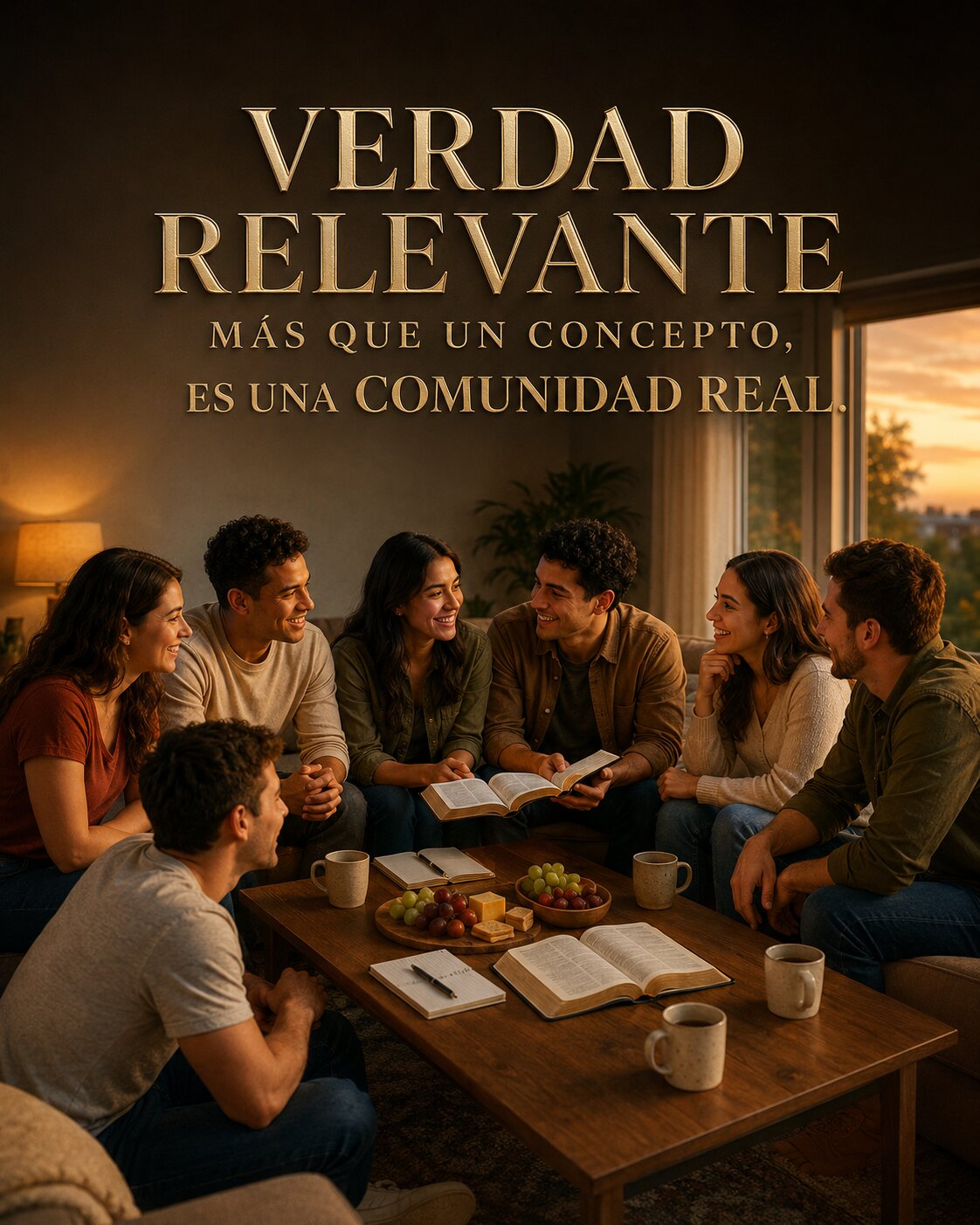 Verdad Relevante: más que un concepto, es una comunidad real. Un grupo de personas conversa en una sala con Biblias abiertas sobre la mesa.