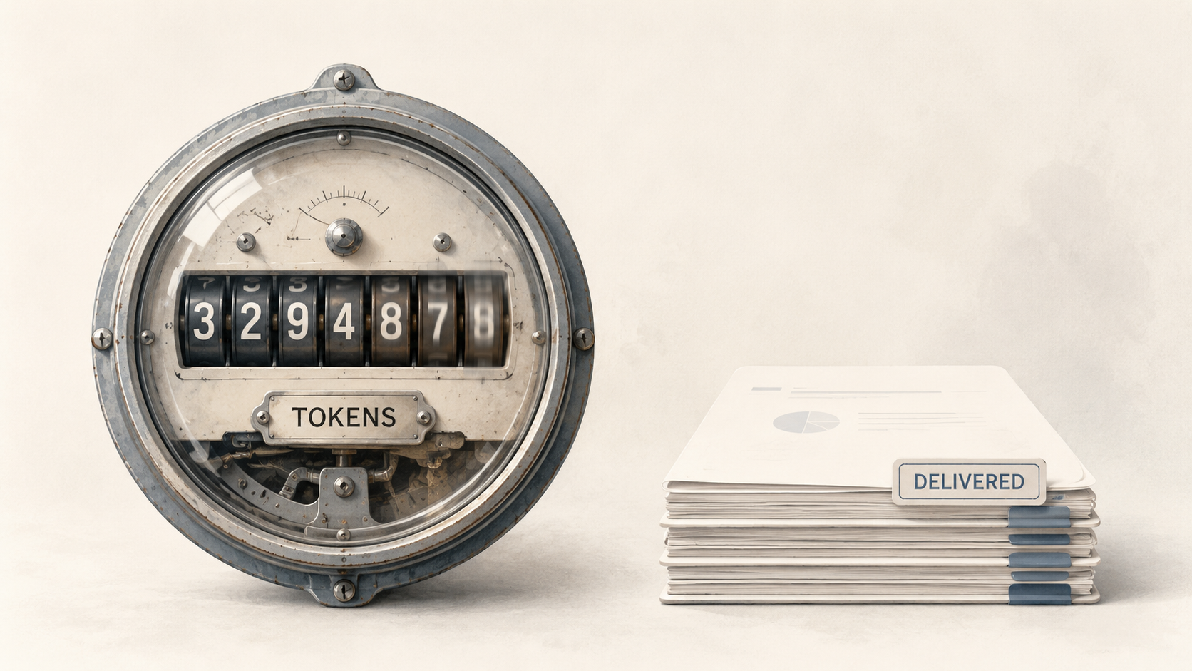 A worn analogue meter labelled TOKENS beside a stack of finished documents stamped DELIVERED, contrasting the two units a vendor can bill.