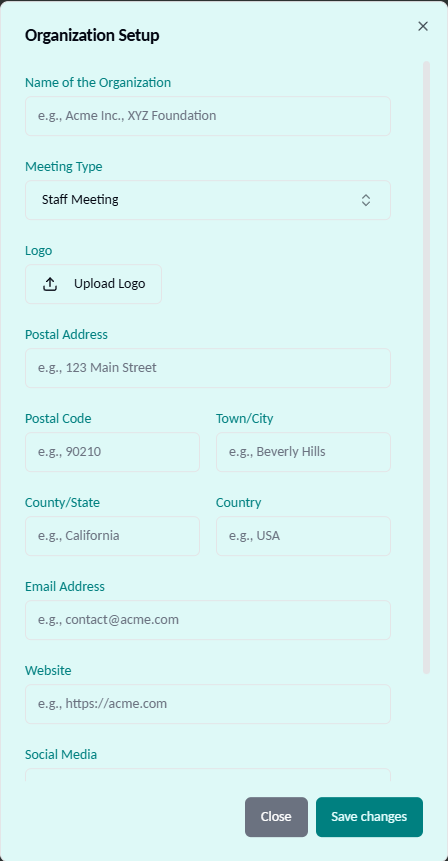 Organization Setup Dialog