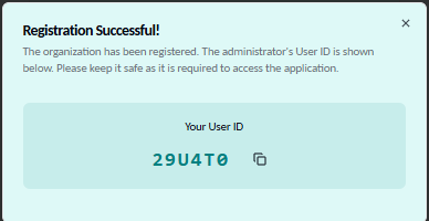 Registration successful dialog showing new User ID