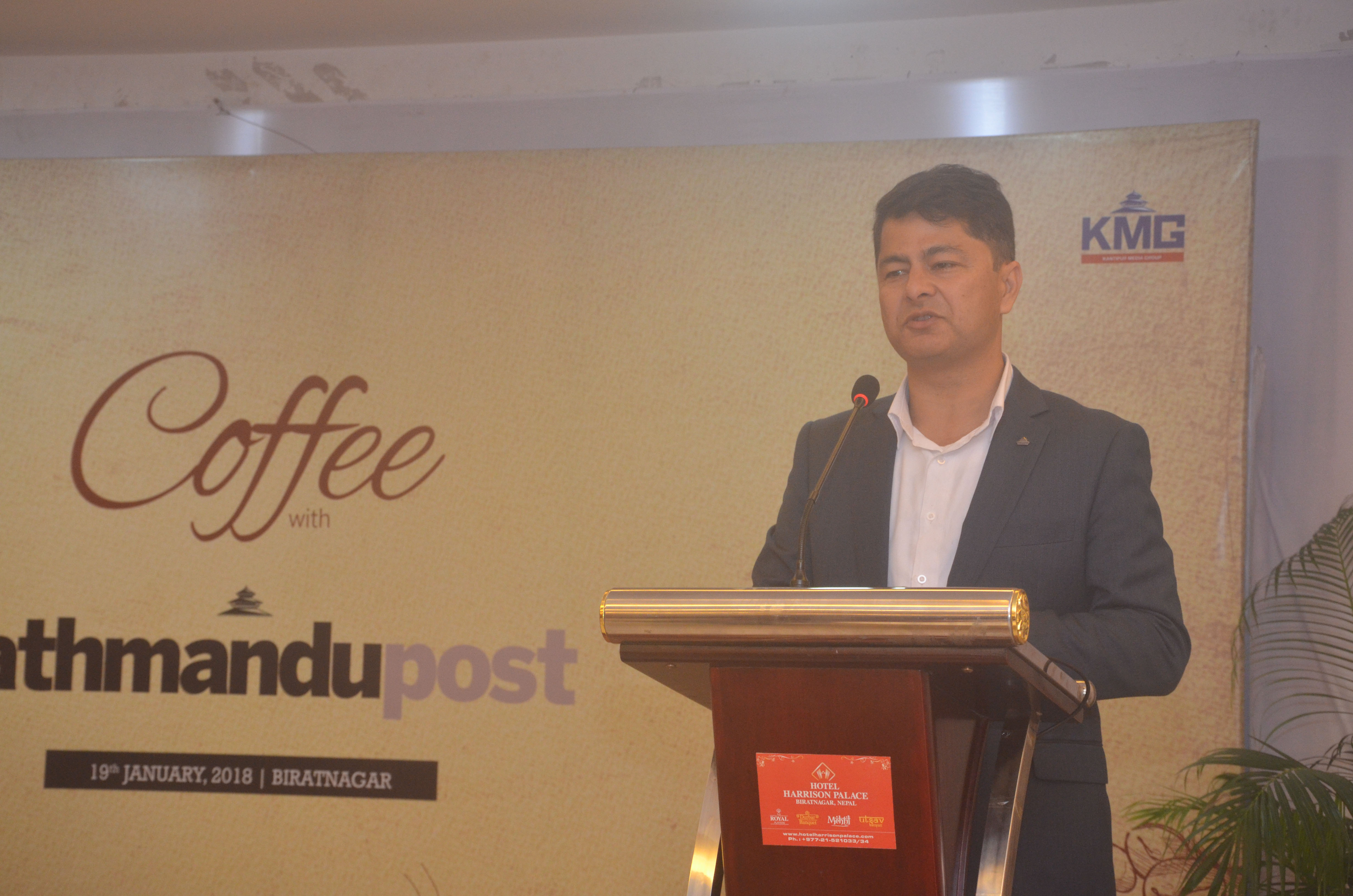 AGM of Kantipur Publication, Mahesh Swar, delivering a speech.