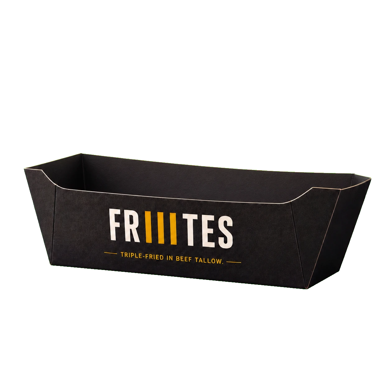 Empty black Friiites cardboard serving carton