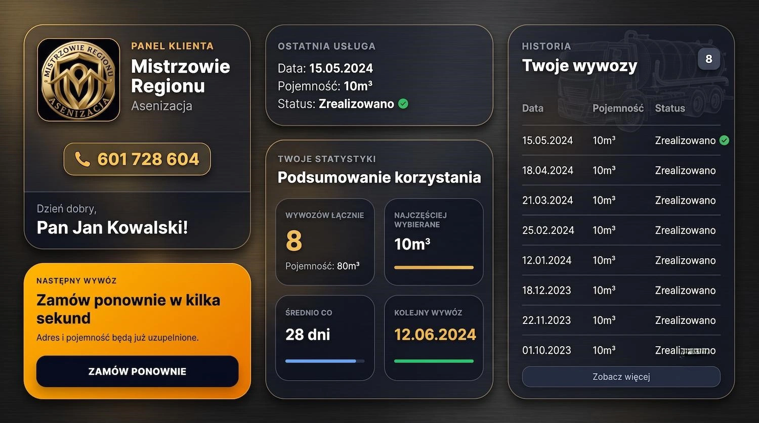 Historia wywozów szamba w Panelu Klienta Mistrzowie Regionu Asenizacji