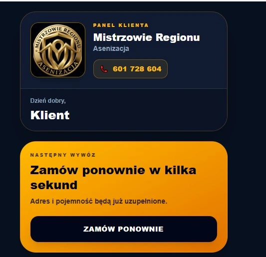 Panel Klienta do zamawiania wywozu szamba na Białołęce i Zielonej Białołęce