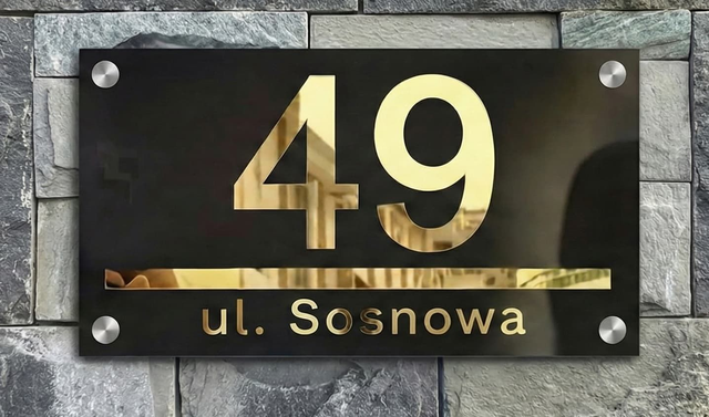 Szyld Adresowy , Czarny Połysk i Złote Lustro, 30x20cm, Srebrne 