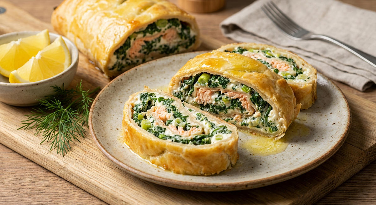 Saftige Lachsrolle mit Spinat, Lauchzwiebeln und Frischkäse