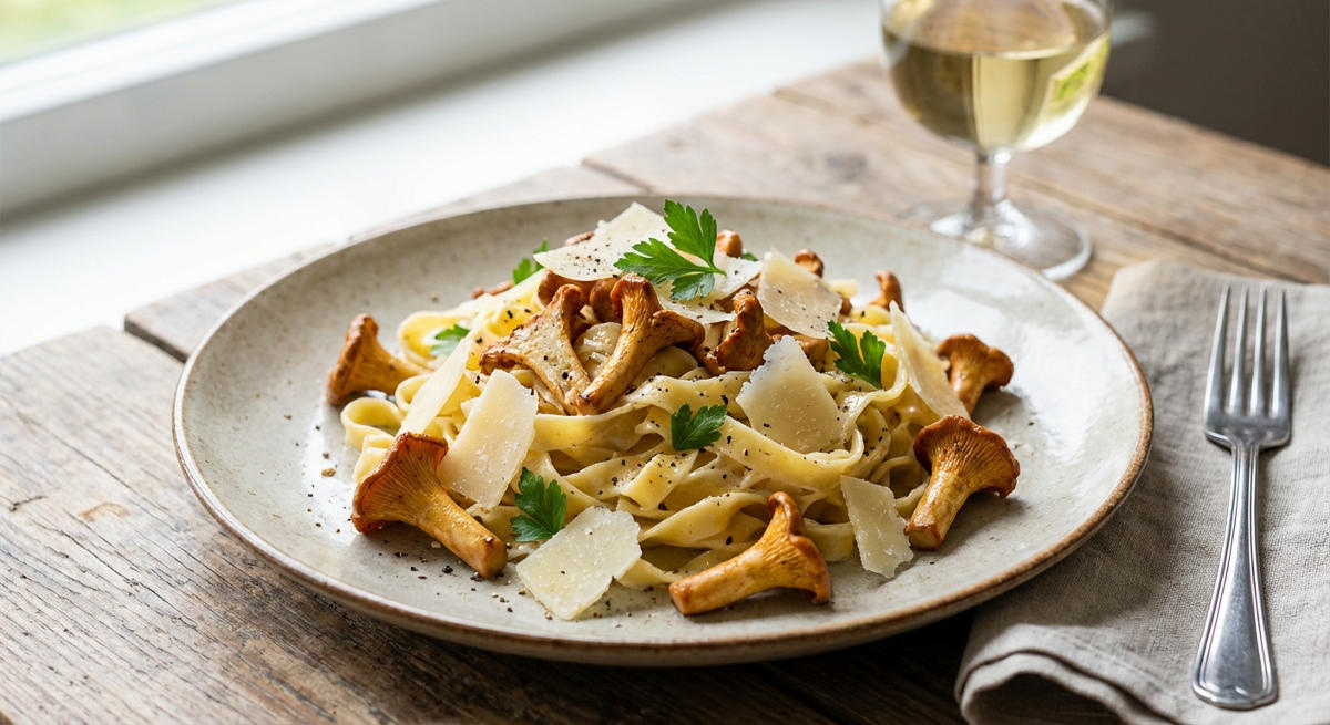 Pasta mit Pfifferlingen, Sahnesoße und Parmesan