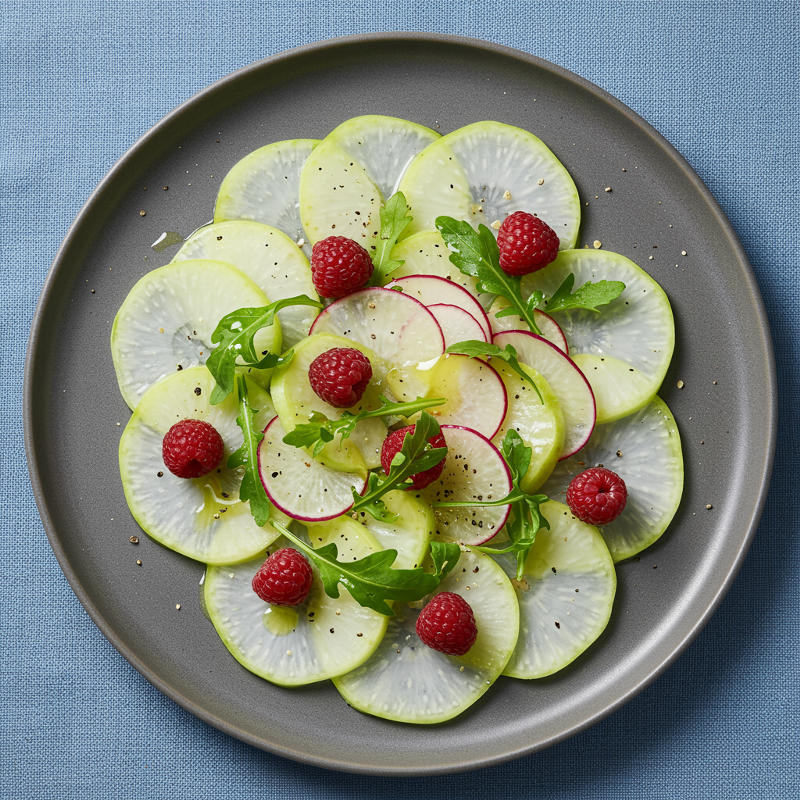 Kohlrabi-Carpaccio mit Salat und frischen Erdbeeren