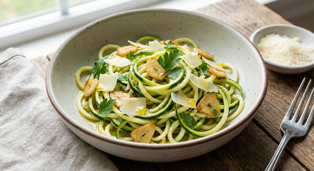 Zucchini-Nudeln mit Knoblauch und Parmesan