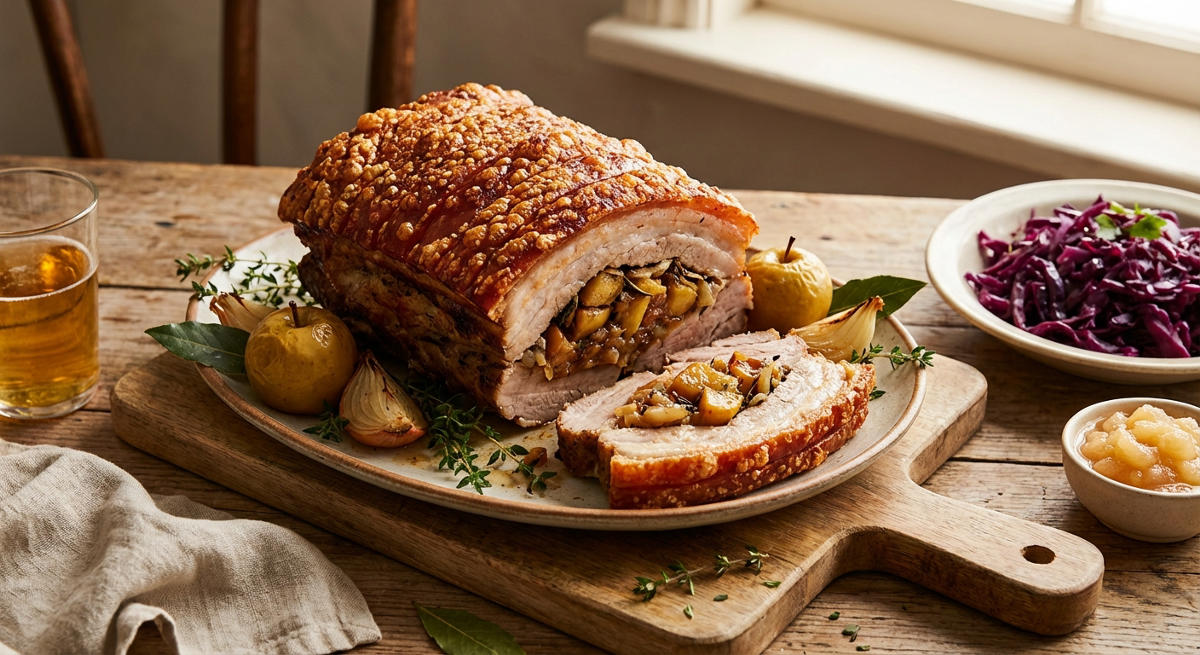 Gebratener Schweinebauch mit Apfel-Zwiebel-Füllung