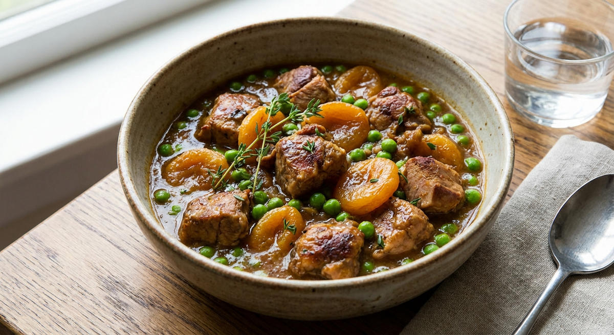Putenragout mit getrockneten Aprikosen und Erbsen