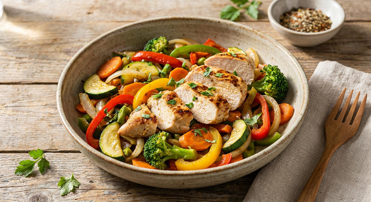 Gemüsepfanne mit Hähnchenfilet