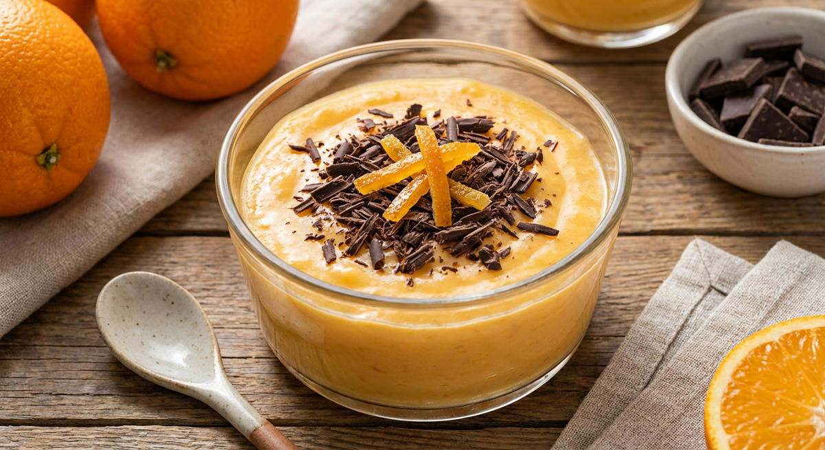 Orangenpudding mit Schokoladenraspeln