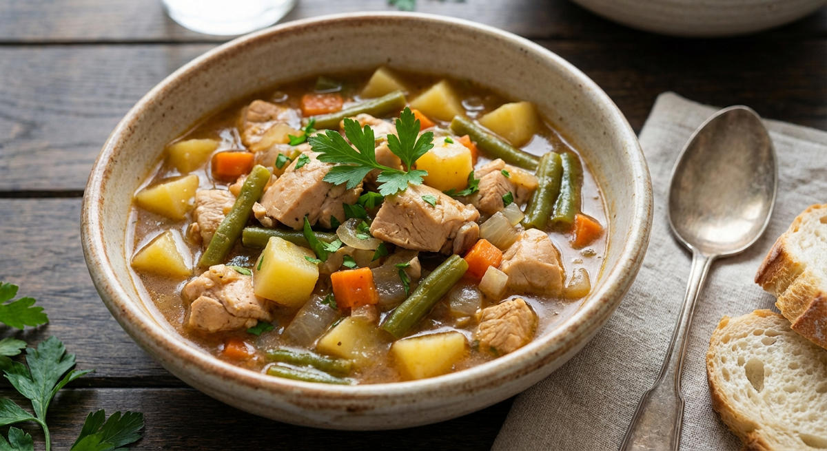 Herzhafter Hähncheneintopf mit Kartoffeln und Bohnen