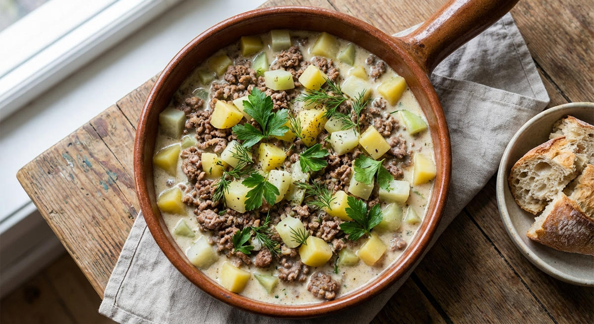 Cremige Kohlrabi-Hackfleischpfanne mit Kartoffeln