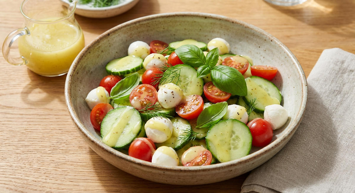 Salade de concombres aux tomates, mozzarella et vinaigrette au citron
