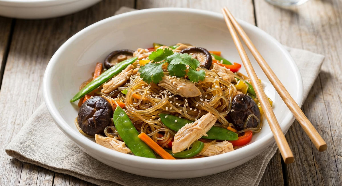 Glasnudeln mit Hühnerfleisch, Pilzen und Gemüse