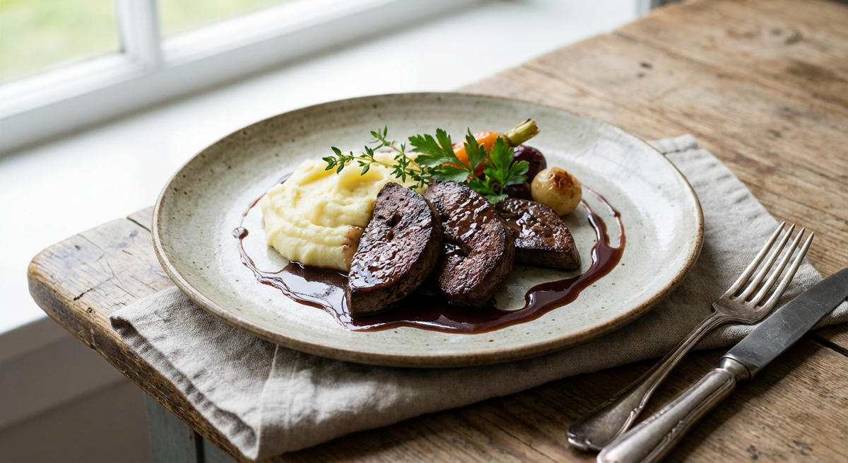 Reh-Leber mit Portweinsauce und Kartoffelpüree