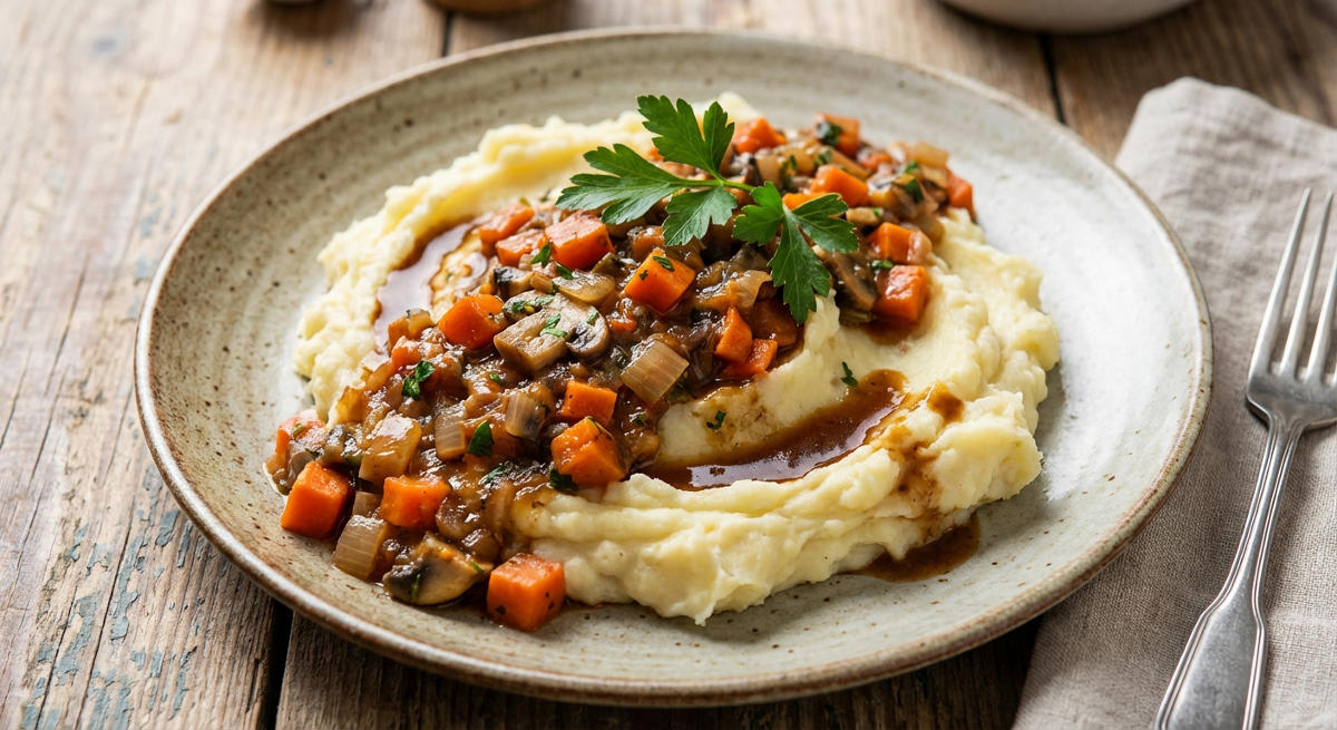 Kartoffel-Sellerie-Stampf mit Gemüse-Stippe