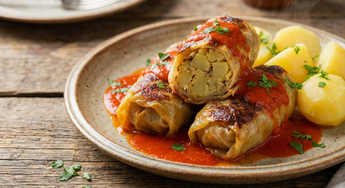 Krautrouladen mit Kartoffelfüllung und Paprikasoße