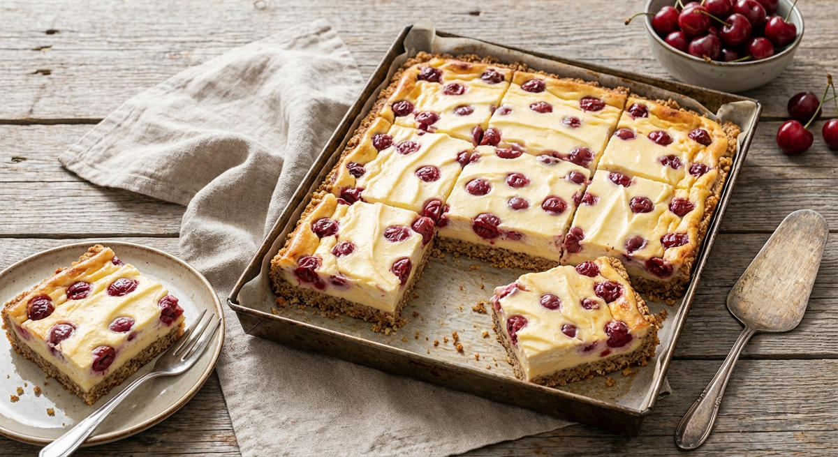 Kirsch-Schmandkuchen vom Blech mit Vanillefüllung und Nussboden