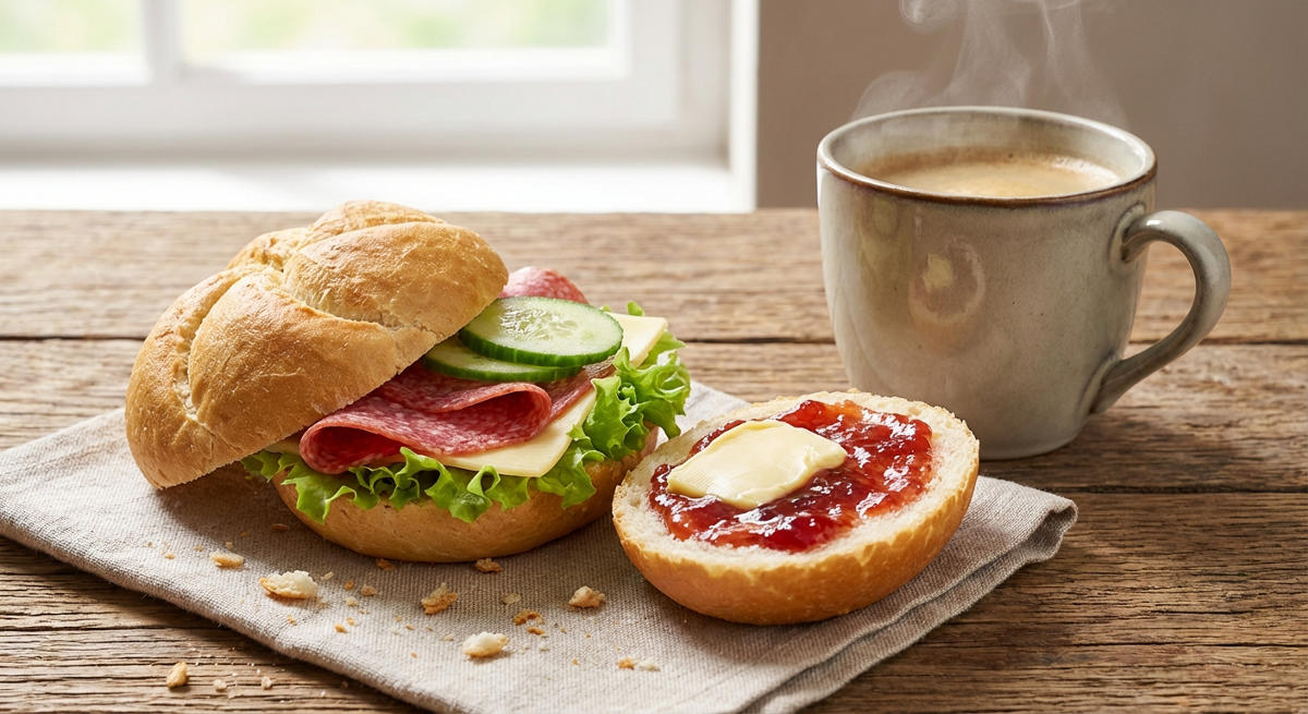 Brötchen mit Belag und Kaffee