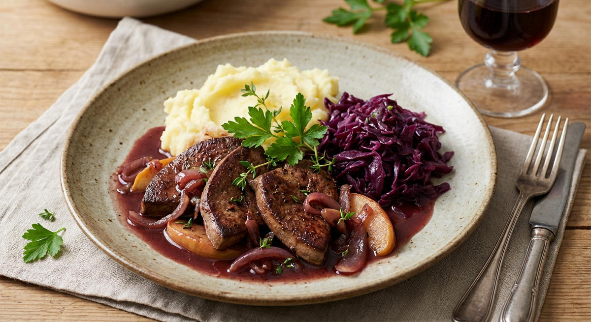 Gebratene Schweineleber in Rotweinsauce