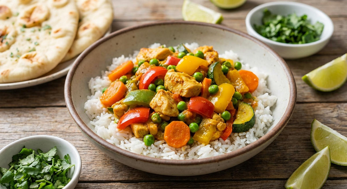 Buntes Gemüse-Curry mit Hähnchen und Reis