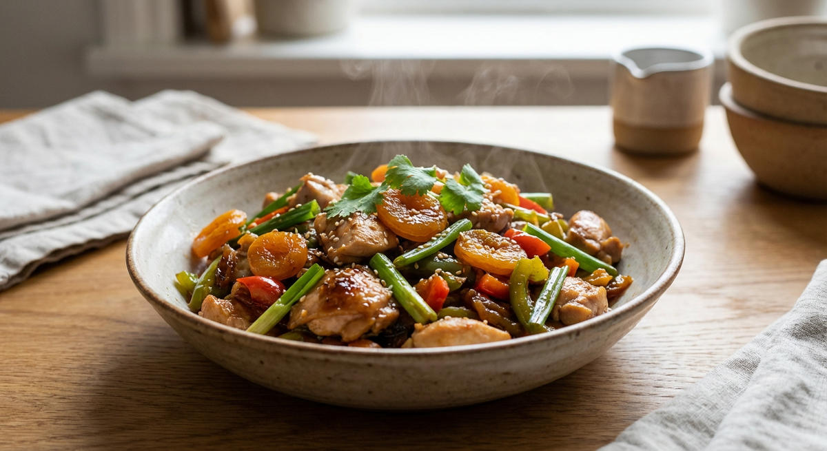 Hähnchen-Lauchzwiebel-Pfanne mit Aprikosen