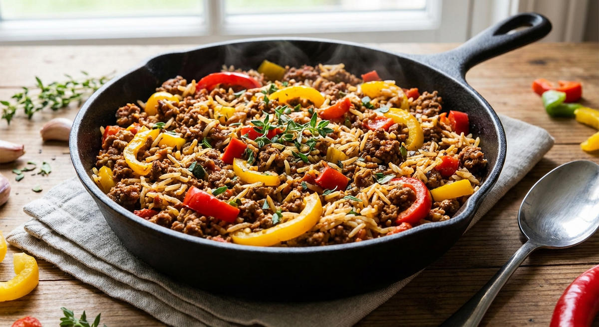 Würzige Hackfleischpfanne mit Paprika und Reis