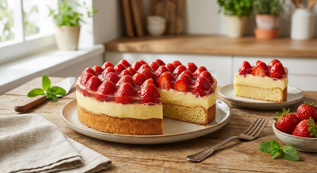 Erdbeerkuchen mit Vanille-Creme und Tortenguss