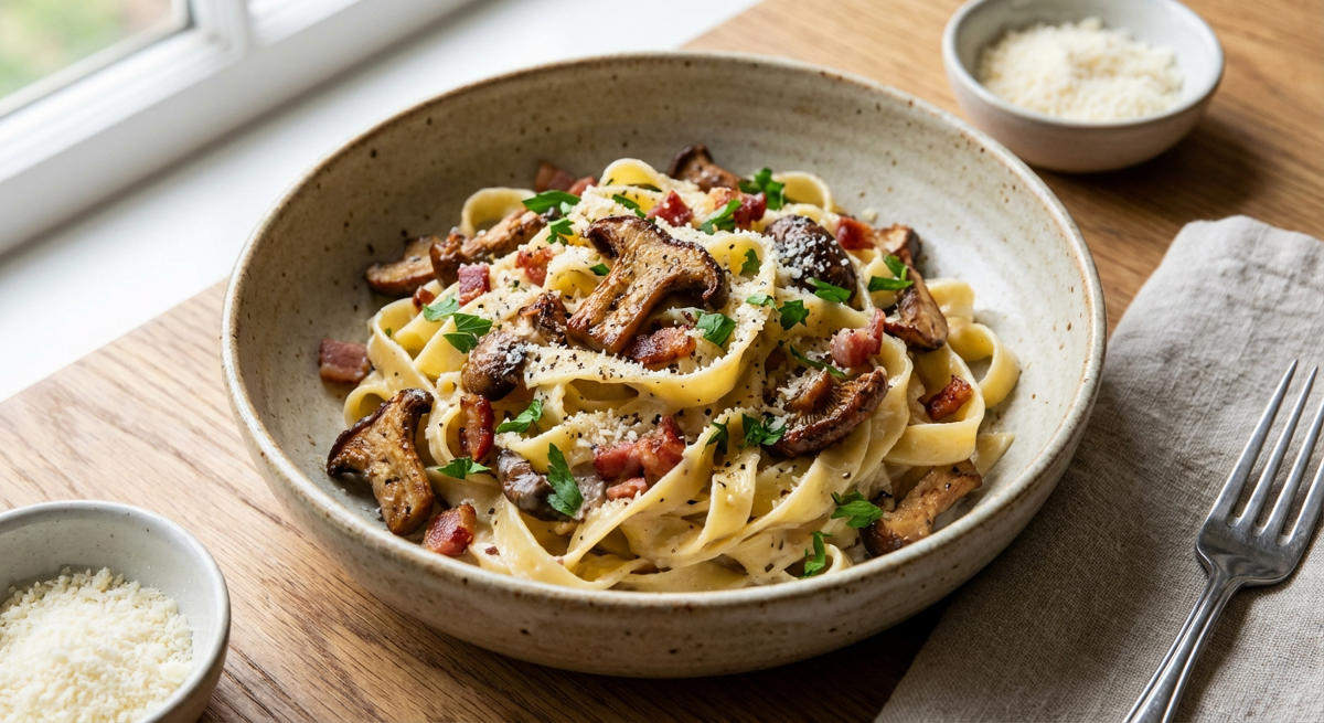 Cremige Pasta mit Pilzen und Speck