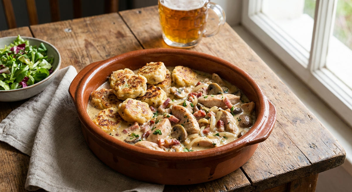 Hähnchengeschnetzeltes altbayerische Art aus dem Ofen